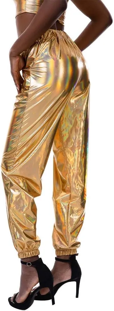 IWEMEK Women Metallic Punk Holographic Leggings Pants Hip Hop Disco Activewear Jogger High Waisted Sweatpants with Pockets