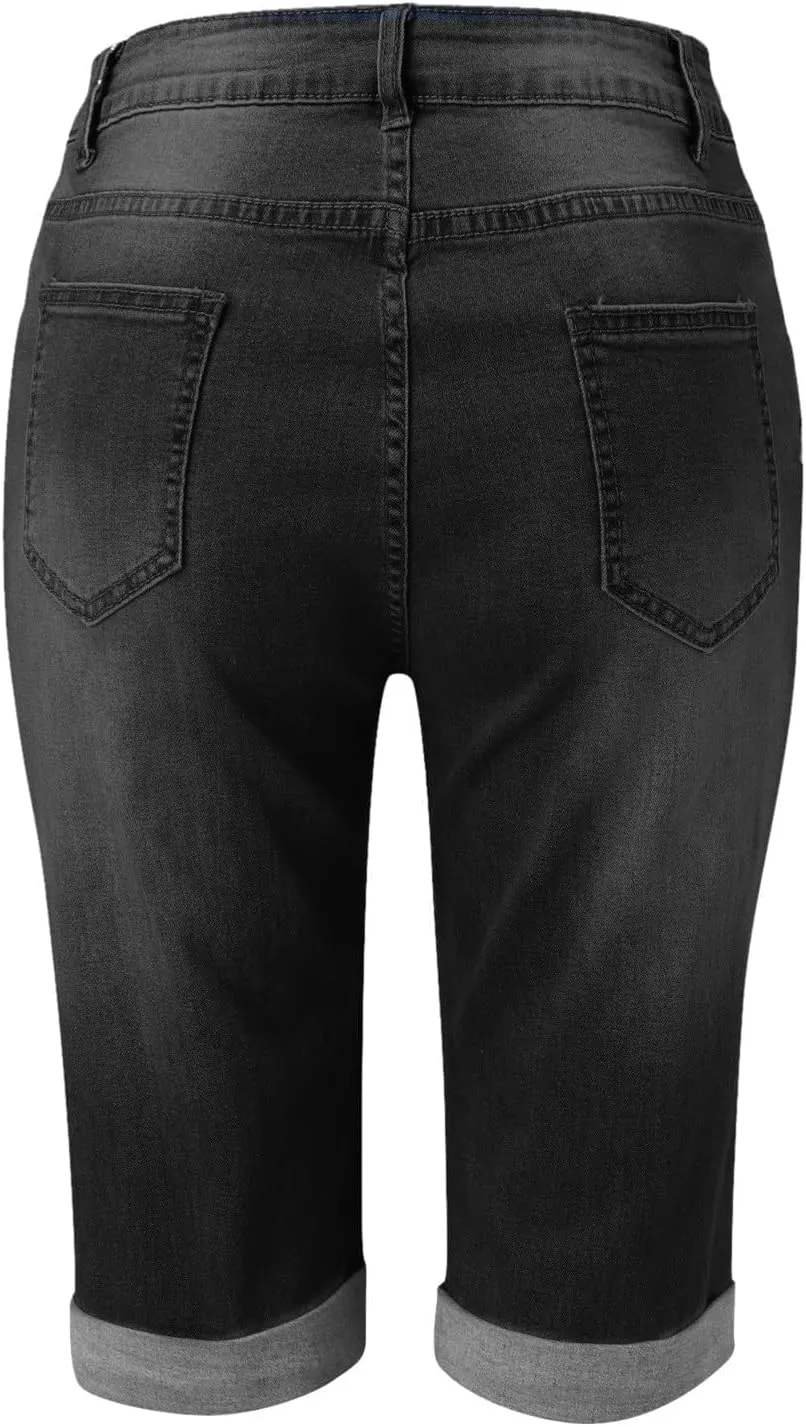 Jean Shorts for Women High Waisted Trendy Casual Summer Fold Hem Stretchy Baggy Long Knee Length Bermuda Denim Shorts
