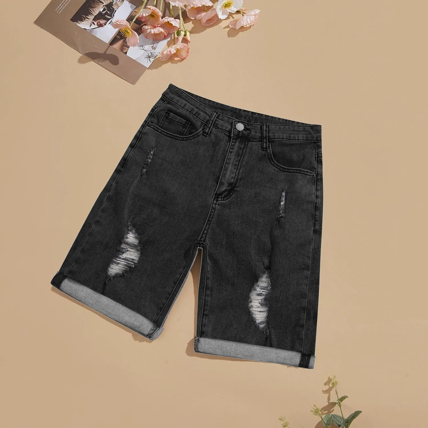 Jean Shorts for Women High Waisted Trendy Casual Summer Fold Hem Stretchy Baggy Long Knee Length Bermuda Denim Shorts
