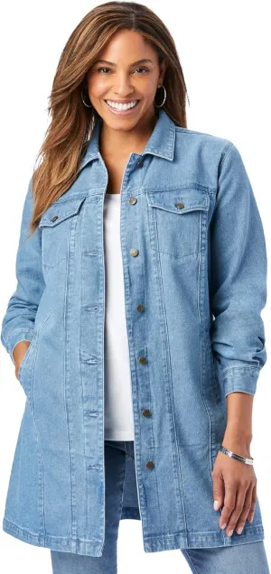 Jessica London Women's Plus Size Long Denim Jacket Oversized Jean Jacket