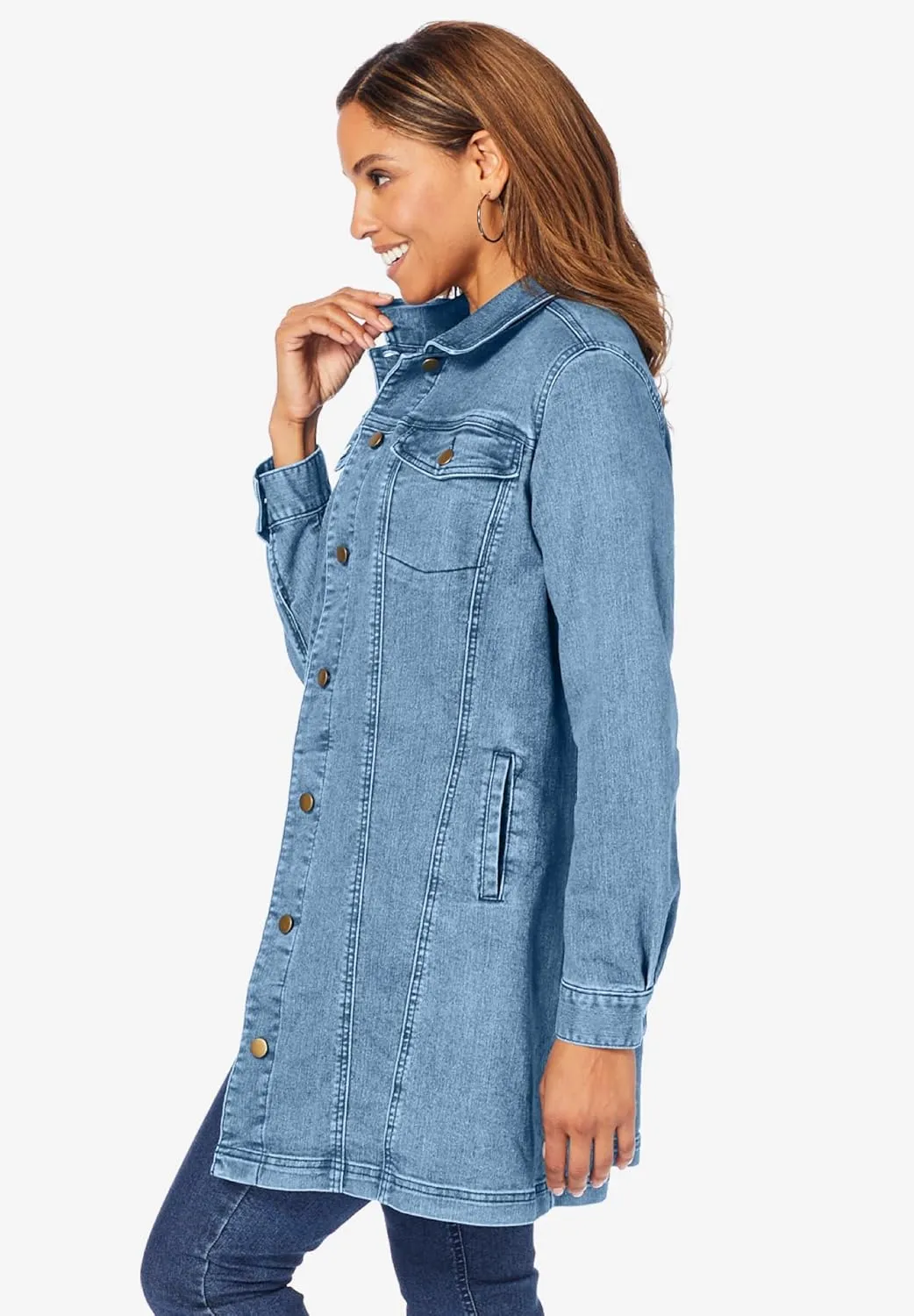 Jessica London Women's Plus Size Long Denim Jacket Oversized Jean Jacket