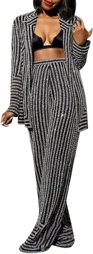 KELYWELL Women 2 Piece Sequin Suits Set Notch Lapel Slim Fit Formal Suits Long Sleeve Tuxedo Suit Sequin Pants Tracksuit
