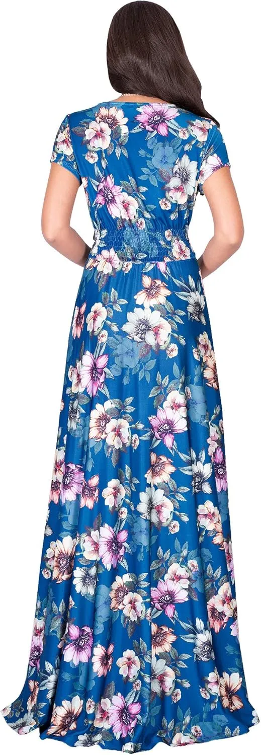 KOH KOH Womens Long Cap Sleeves Floral Print V-Neck Summer Sundress Maxi Dress