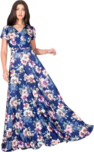 KOH KOH Womens Long Cap Sleeves Floral Print V-Neck Summer Sundress Maxi Dress