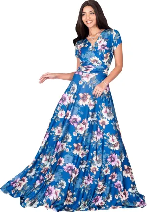 KOH KOH Womens Long Cap Sleeves Floral Print V-Neck Summer Sundress Maxi Dress