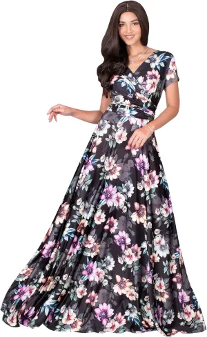 KOH KOH Womens Long Cap Sleeves Floral Print V-Neck Summer Sundress Maxi Dress
