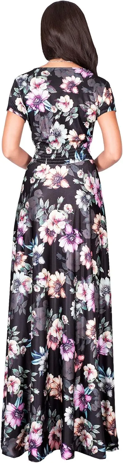 KOH KOH Womens Long Cap Sleeves Floral Print V-Neck Summer Sundress Maxi Dress