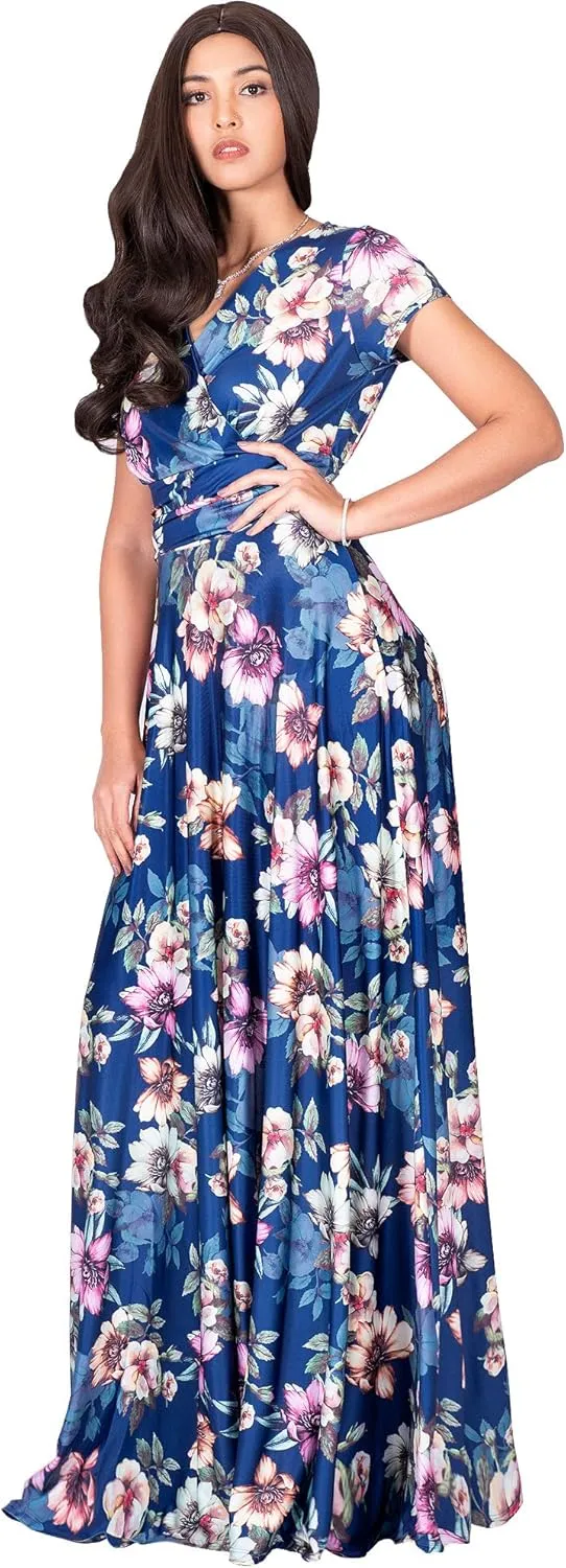KOH KOH Womens Long Cap Sleeves Floral Print V-Neck Summer Sundress Maxi Dress