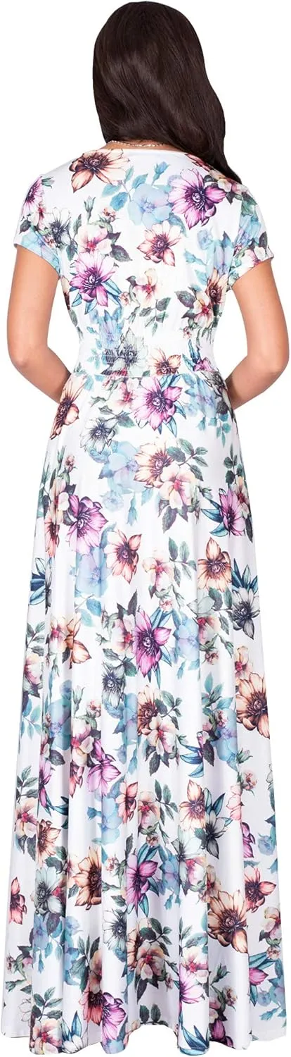 KOH KOH Womens Long Cap Sleeves Floral Print V-Neck Summer Sundress Maxi Dress