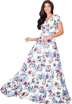 KOH KOH Womens Long Cap Sleeves Floral Print V-Neck Summer Sundress Maxi Dress