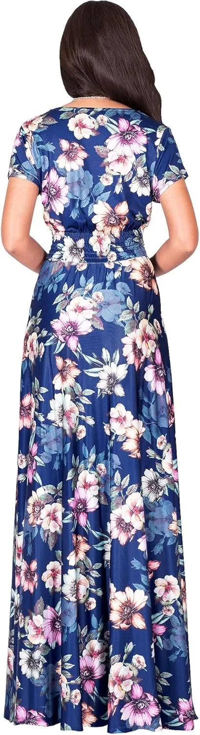 KOH KOH Womens Long Cap Sleeves Floral Print V-Neck Summer Sundress Maxi Dress