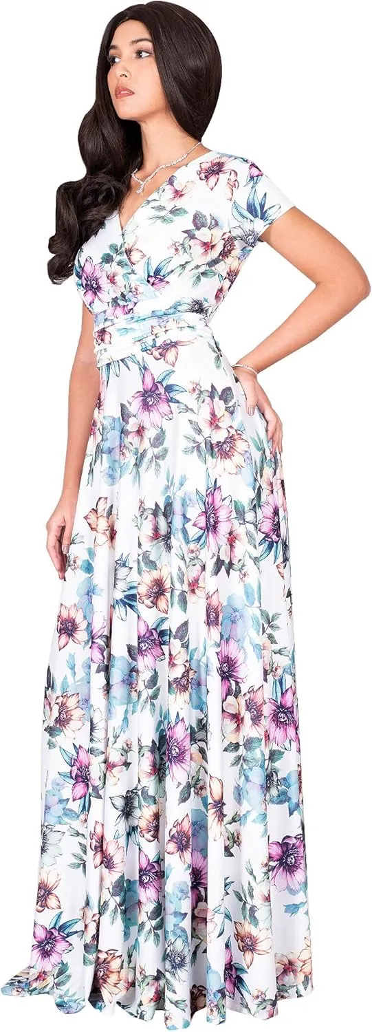KOH KOH Womens Long Cap Sleeves Floral Print V-Neck Summer Sundress Maxi Dress