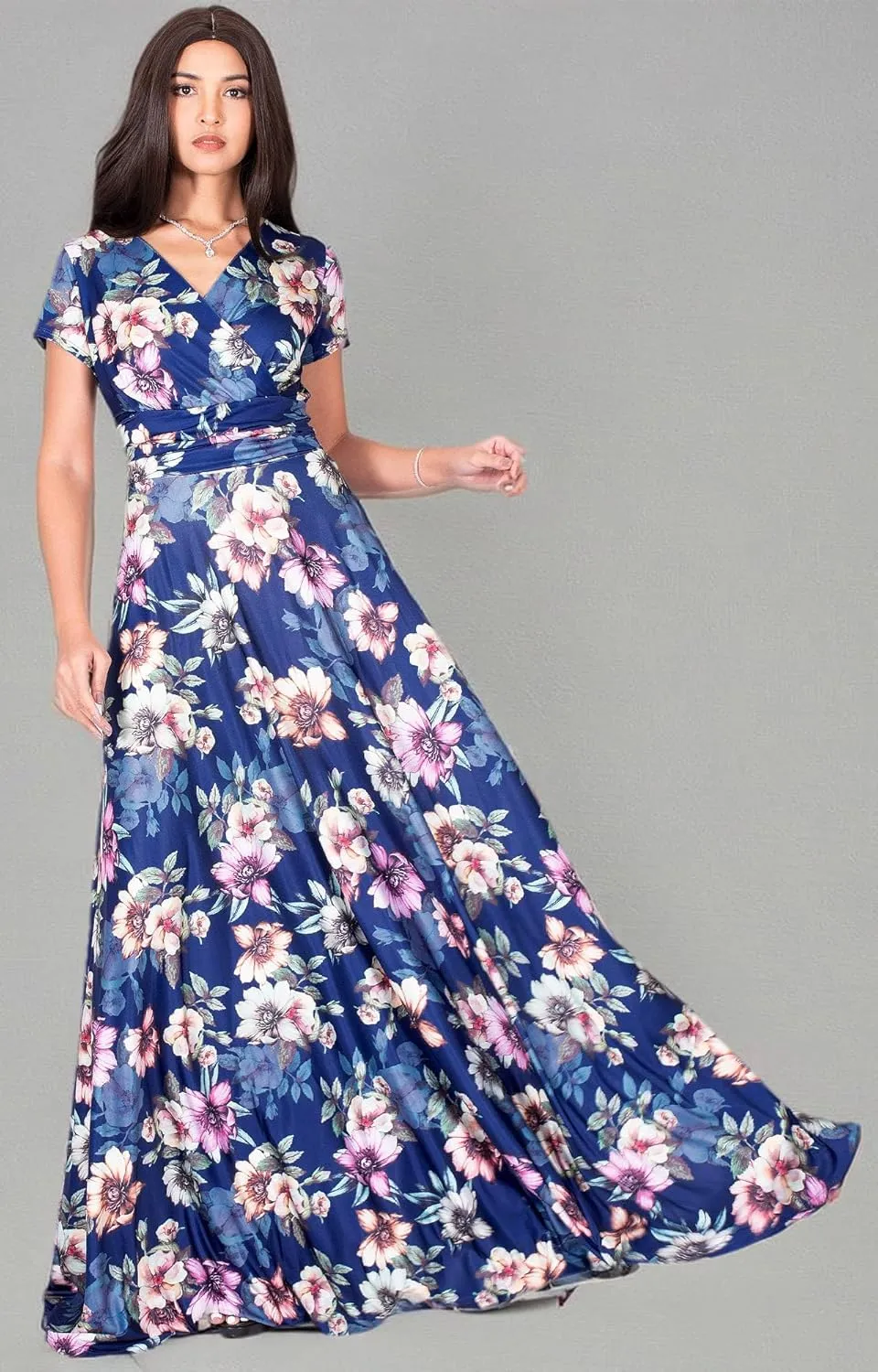 KOH KOH Womens Long Cap Sleeves Floral Print V-Neck Summer Sundress Maxi Dress