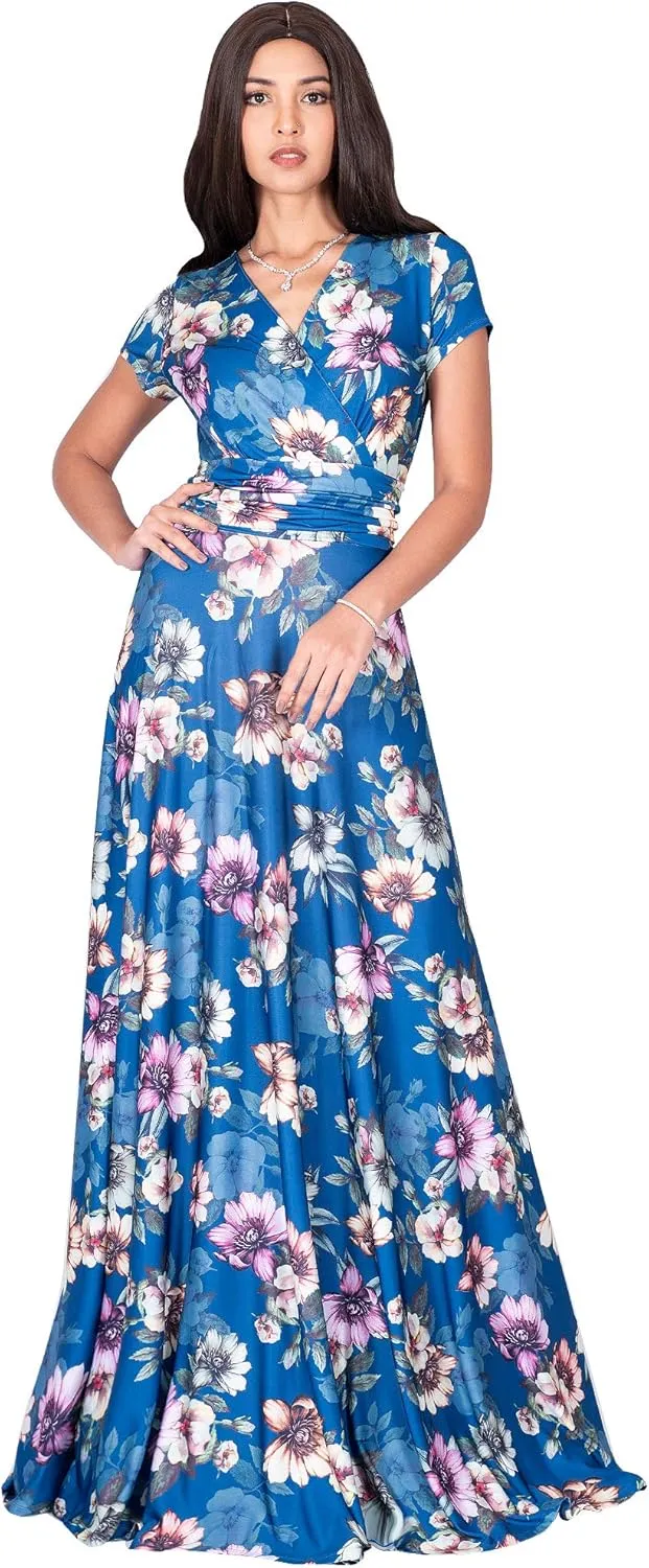 KOH KOH Womens Long Cap Sleeves Floral Print V-Neck Summer Sundress Maxi Dress