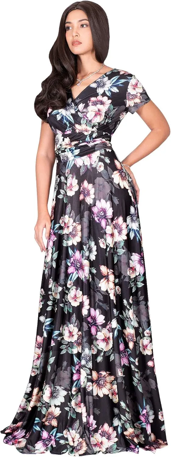 KOH KOH Womens Long Cap Sleeves Floral Print V-Neck Summer Sundress Maxi Dress