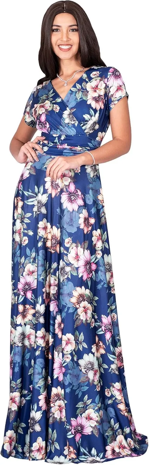 KOH KOH Womens Long Cap Sleeves Floral Print V-Neck Summer Sundress Maxi Dress