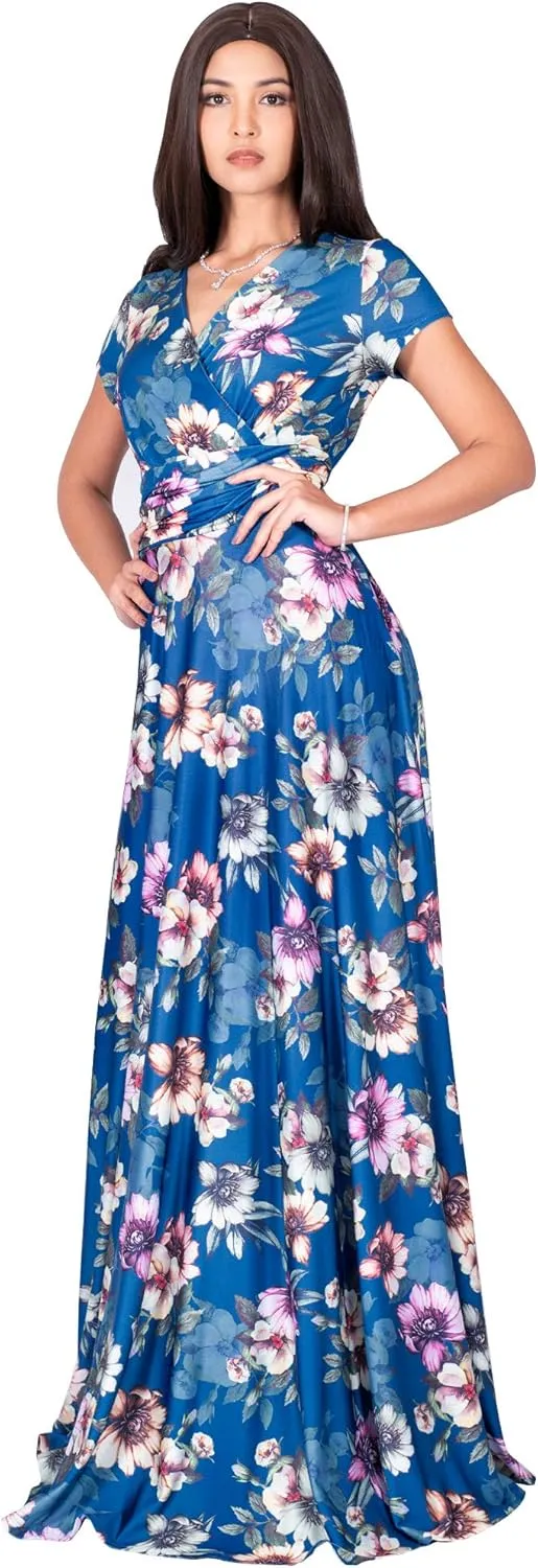 KOH KOH Womens Long Cap Sleeves Floral Print V-Neck Summer Sundress Maxi Dress