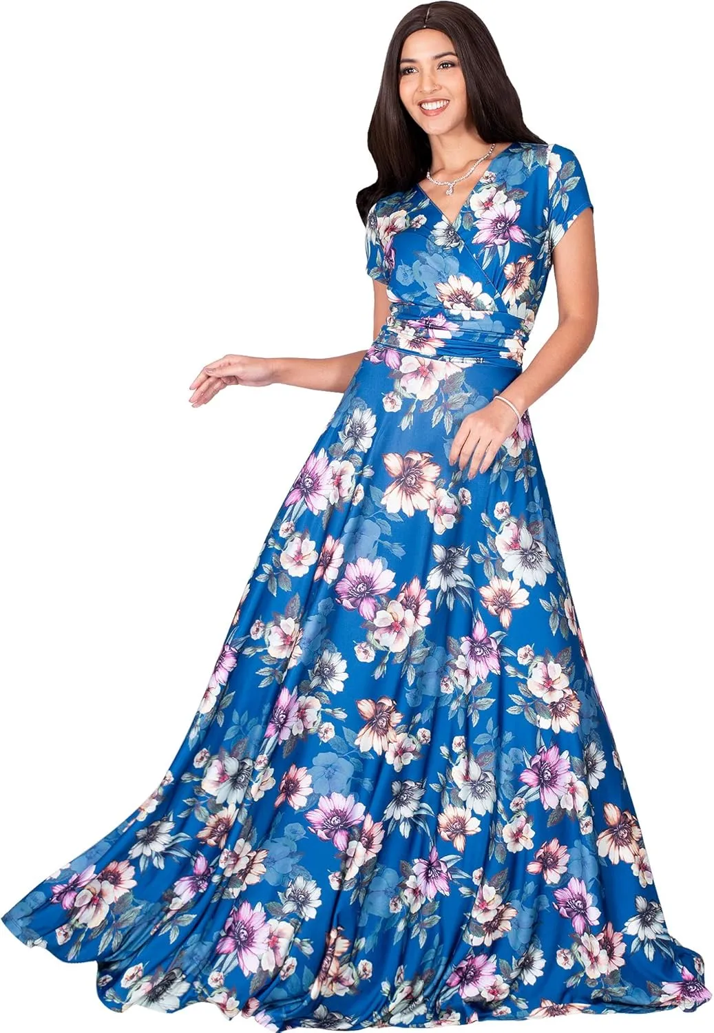 KOH KOH Womens Long Cap Sleeves Floral Print V-Neck Summer Sundress Maxi Dress
