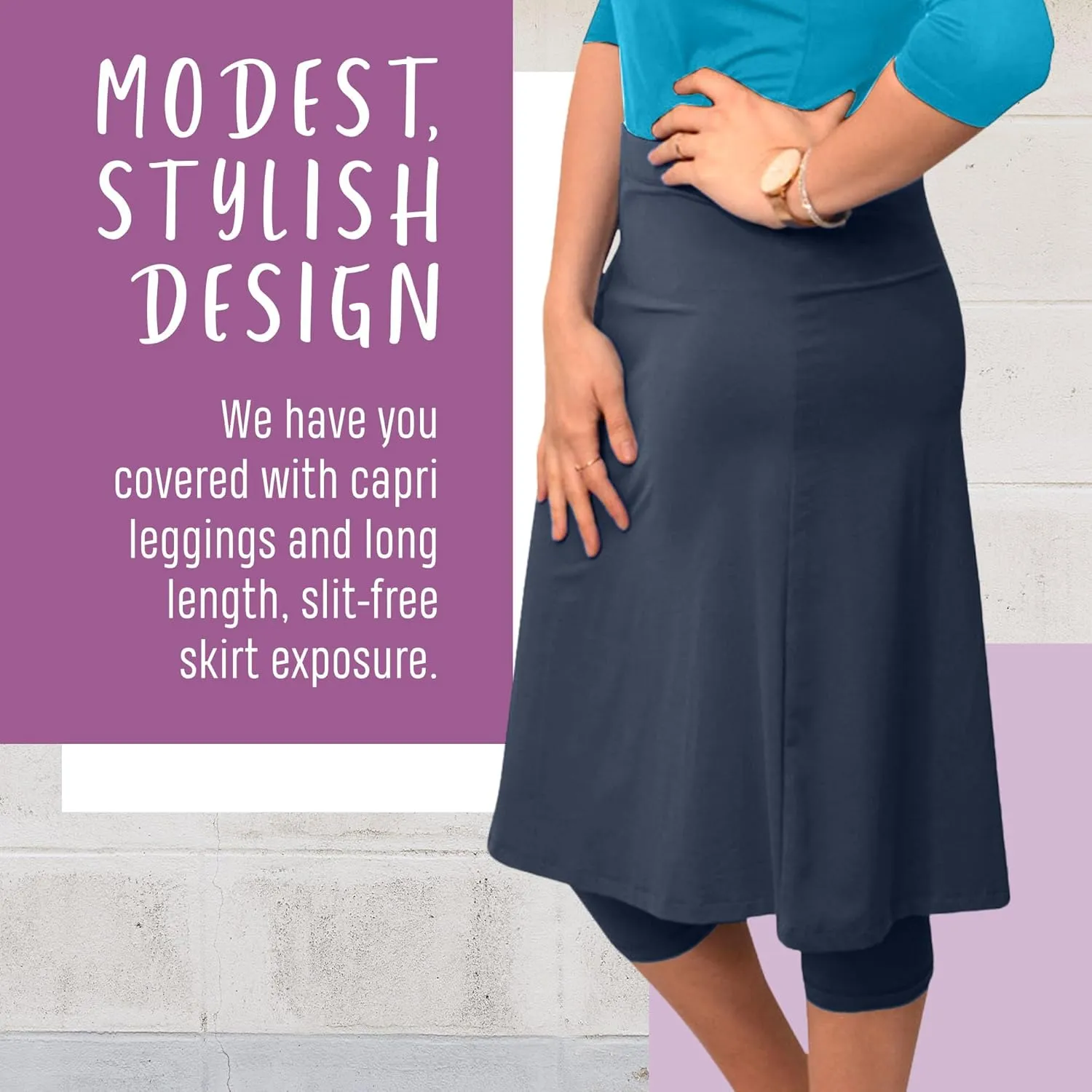 Kosher Casual Athletic Skirt with Leggings, Long Midi Length Sports & Swim Skirt