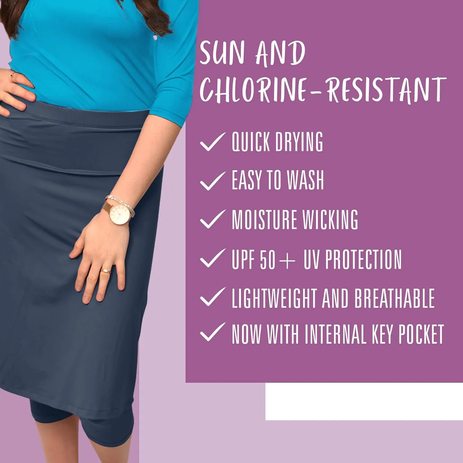 Kosher Casual Athletic Skirt with Leggings, Long Midi Length Sports & Swim Skirt