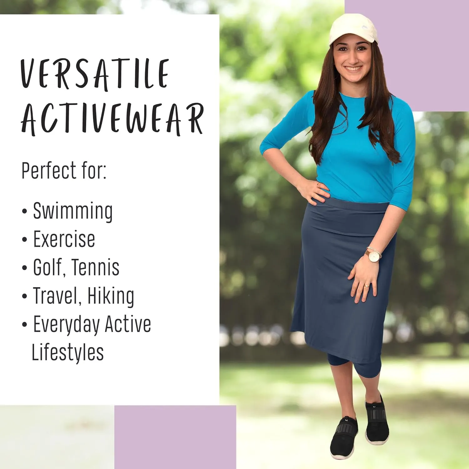Kosher Casual Athletic Skirt with Leggings, Long Midi Length Sports & Swim Skirt