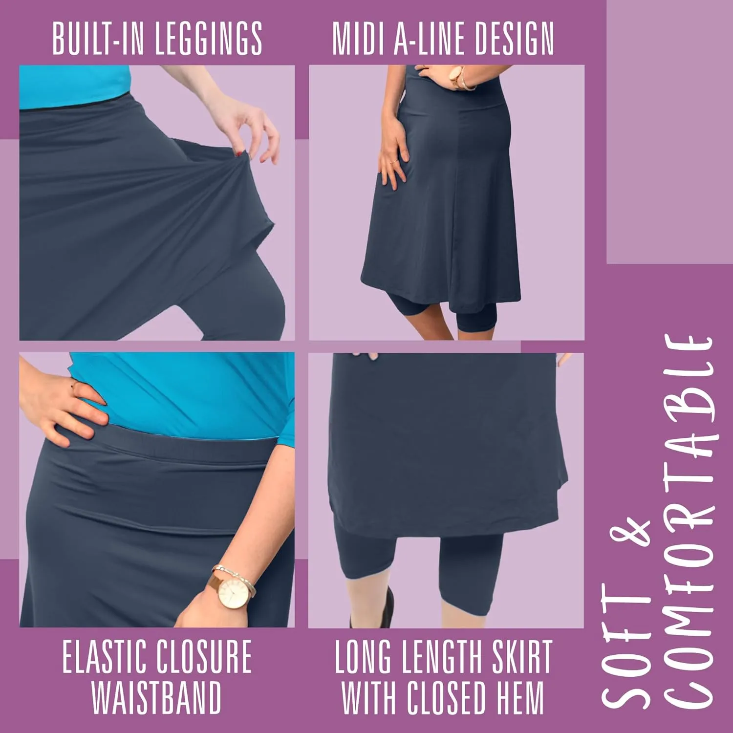 Kosher Casual Athletic Skirt with Leggings, Long Midi Length Sports & Swim Skirt
