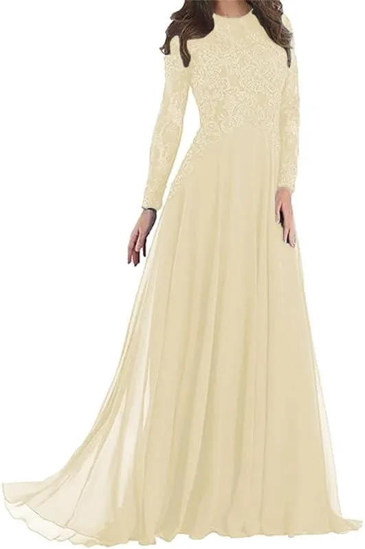 Lace Applique Mother of The Bride Dresses Chiffon Long Wedding Guests Gown Long Sleeve Formal Evening Dress