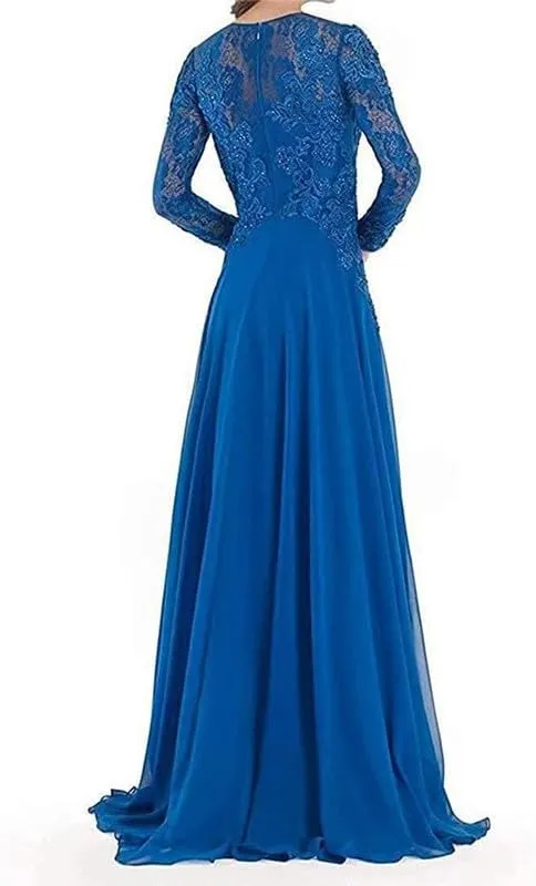 Lace Applique Mother of The Bride Dresses Chiffon Long Wedding Guests Gown Long Sleeve Formal Evening Dress