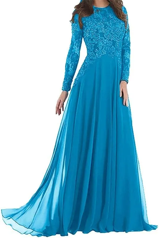 Lace Applique Mother of The Bride Dresses Chiffon Long Wedding Guests Gown Long Sleeve Formal Evening Dress