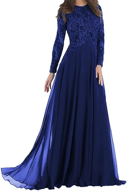 Lace Applique Mother of The Bride Dresses Chiffon Long Wedding Guests Gown Long Sleeve Formal Evening Dress