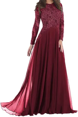 Lace Applique Mother of The Bride Dresses Chiffon Long Wedding Guests Gown Long Sleeve Formal Evening Dress