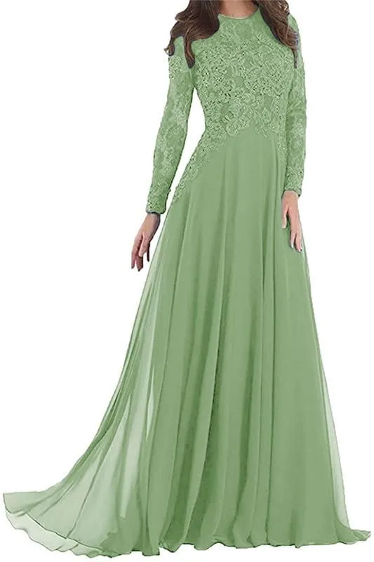 Lace Applique Mother of The Bride Dresses Chiffon Long Wedding Guests Gown Long Sleeve Formal Evening Dress