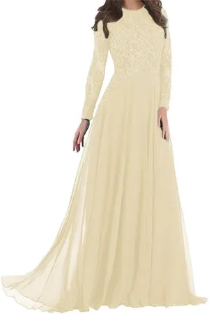 Lace Applique Mother of The Bride Dresses Chiffon Long Wedding Guests Gown Long Sleeve Formal Evening Dress