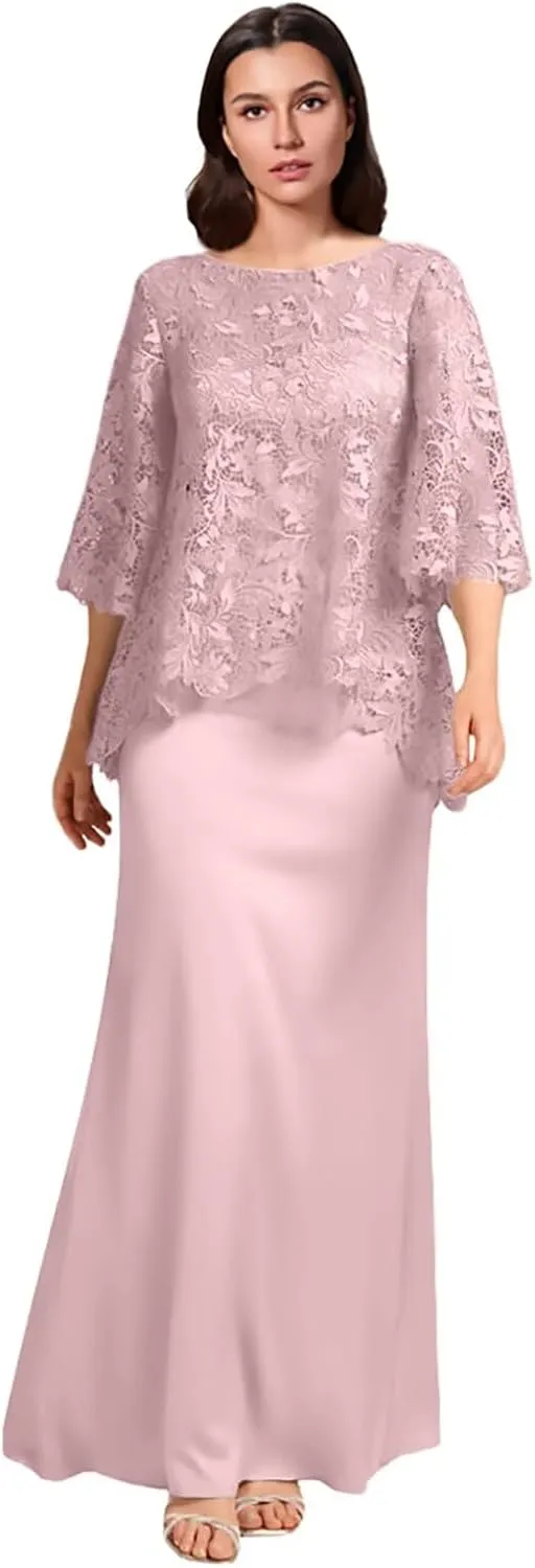 Lace Applique Mother of The Bride Dresses Long Chiffon Formal Evening Gowns Round Neck Wedding Guest Dresses