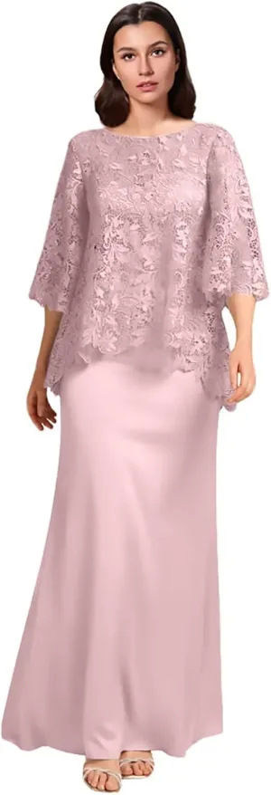 Lace Applique Mother of The Bride Dresses Long Chiffon Formal Evening Gowns Round Neck Wedding Guest Dresses