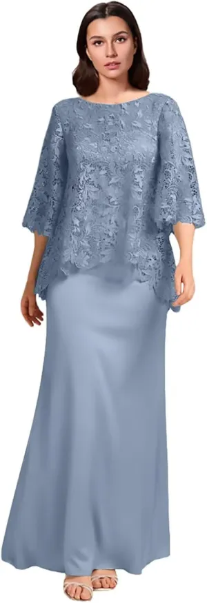 Lace Applique Mother of The Bride Dresses Long Chiffon Formal Evening Gowns Round Neck Wedding Guest Dresses