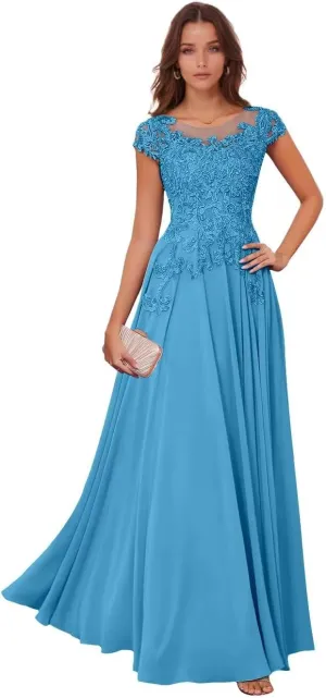 Lace Appliques Mother of The Bride Dresses for Wedding Chiffon Evening Gowns Short Sleeve Wedding Guest Dress