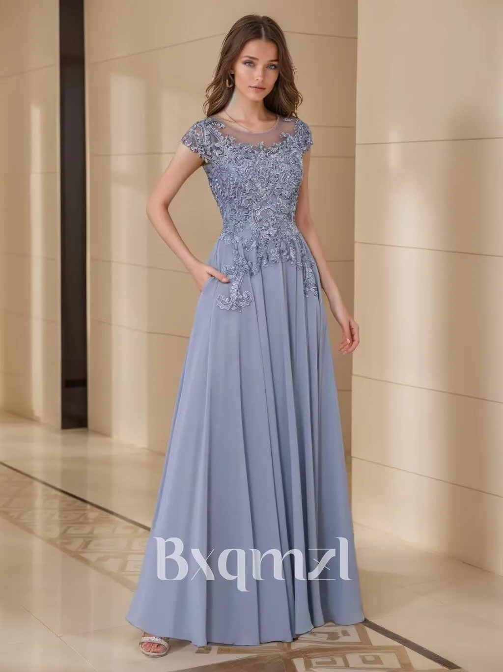 Lace Appliques Mother of The Bride Dresses for Wedding Chiffon Evening Gowns Short Sleeve Wedding Guest Dress