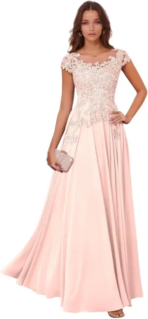 Lace Appliques Mother of The Bride Dresses for Wedding Chiffon Evening Gowns Short Sleeve Wedding Guest Dress