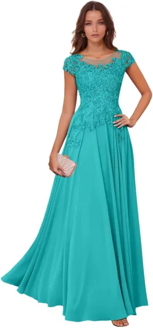 Lace Appliques Mother of The Bride Dresses for Wedding Chiffon Evening Gowns Short Sleeve Wedding Guest Dress