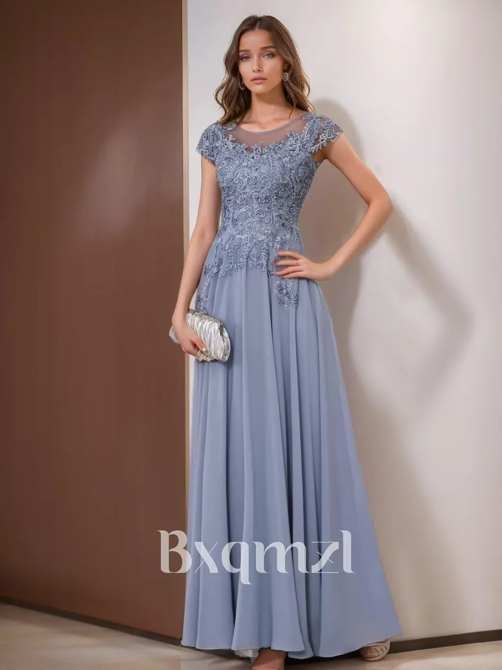 Lace Appliques Mother of The Bride Dresses for Wedding Chiffon Evening Gowns Short Sleeve Wedding Guest Dress