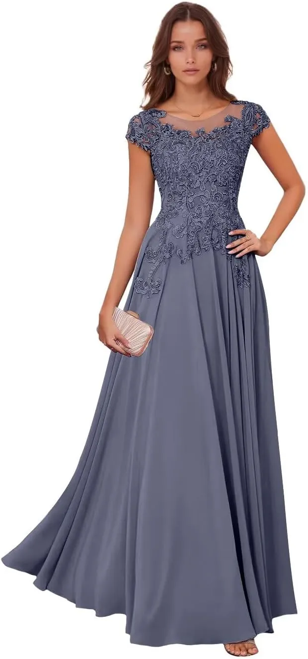 Lace Appliques Mother of The Bride Dresses for Wedding Chiffon Evening Gowns Short Sleeve Wedding Guest Dress