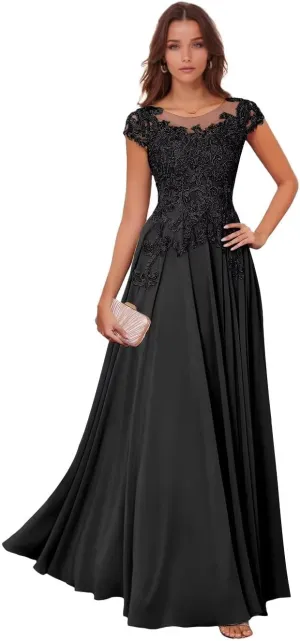 Lace Appliques Mother of The Bride Dresses for Wedding Chiffon Evening Gowns Short Sleeve Wedding Guest Dress