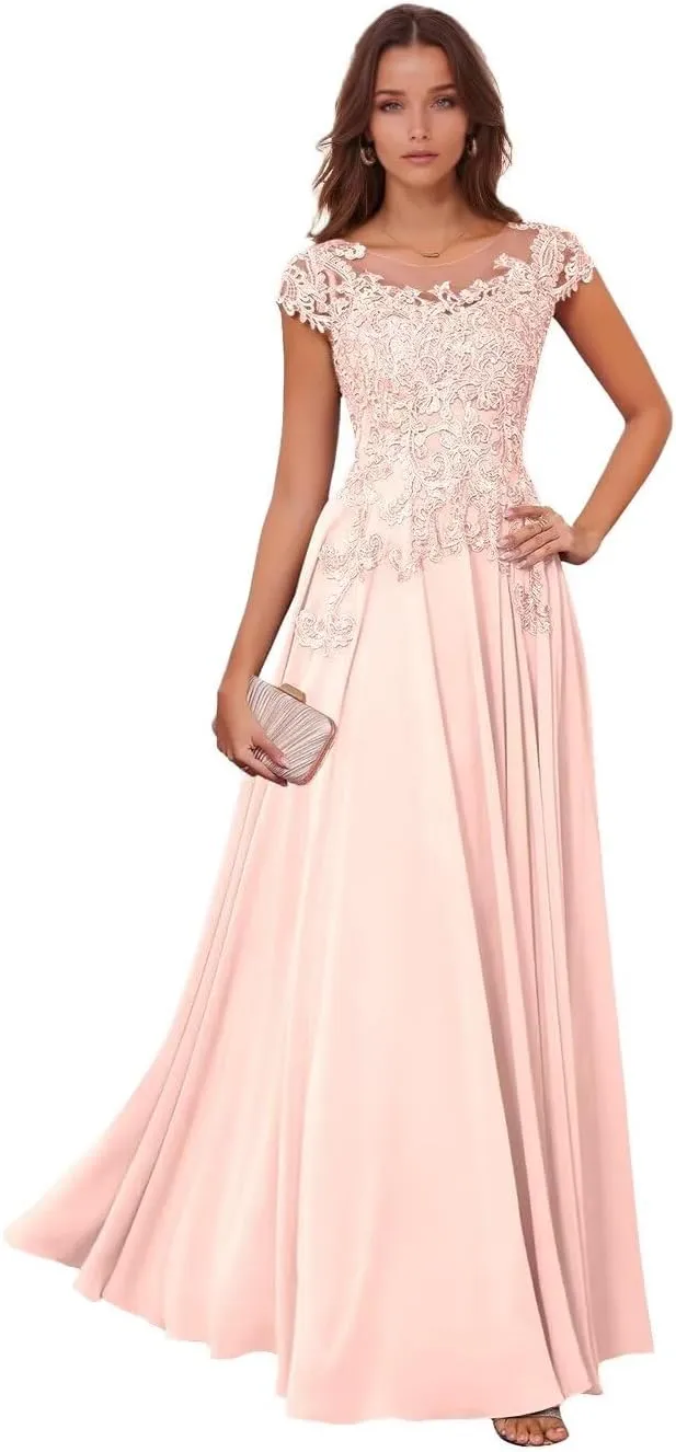 Lace Appliques Mother of The Bride Dresses for Wedding Chiffon Evening Gowns Short Sleeve Wedding Guest Dress