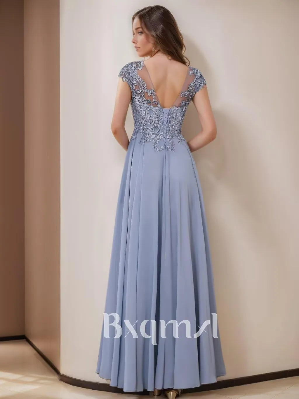 Lace Appliques Mother of The Bride Dresses for Wedding Chiffon Evening Gowns Short Sleeve Wedding Guest Dress