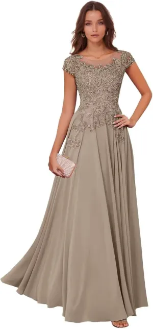 Lace Appliques Mother of The Bride Dresses for Wedding Chiffon Evening Gowns Short Sleeve Wedding Guest Dress