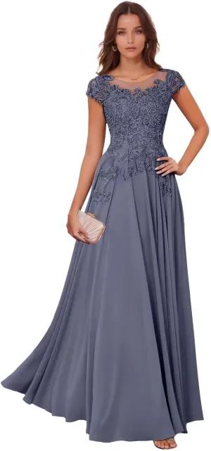 Lace Appliques Mother of The Bride Dresses for Wedding Chiffon Evening Gowns Short Sleeve Wedding Guest Dress