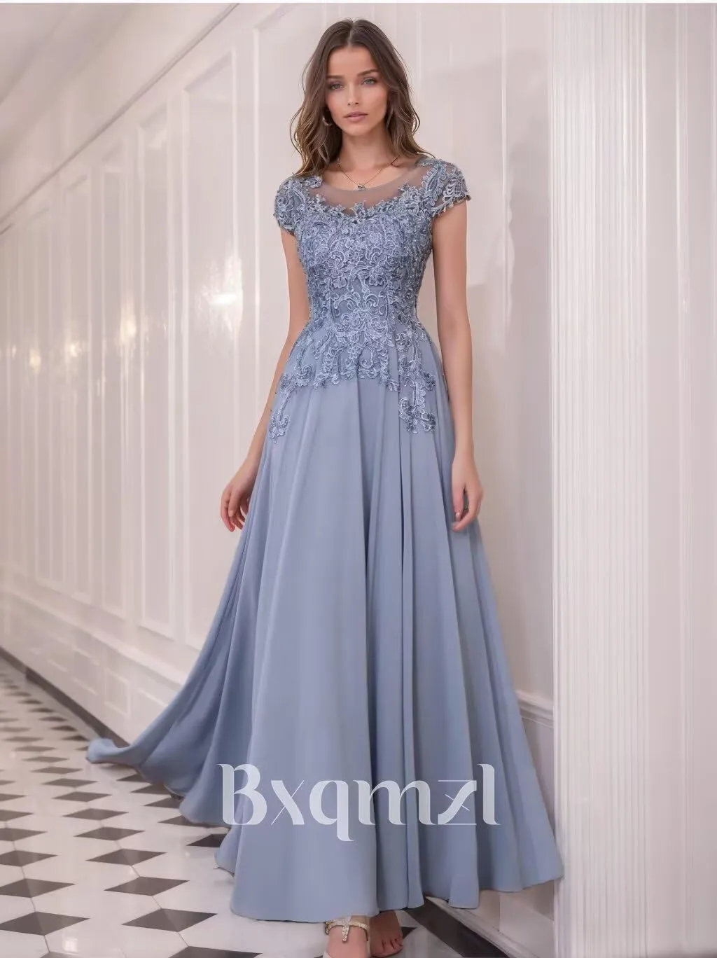 Lace Appliques Mother of The Bride Dresses for Wedding Chiffon Evening Gowns Short Sleeve Wedding Guest Dress