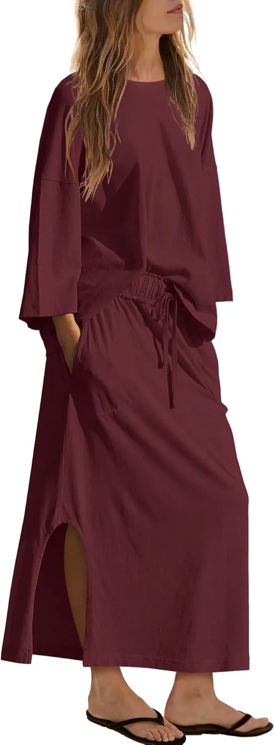 LAMISSCHE Skirt Sets Women 2 Piece Outfits Casual Lounge Set Back Vented Tops and Maxi Dress with Pockets