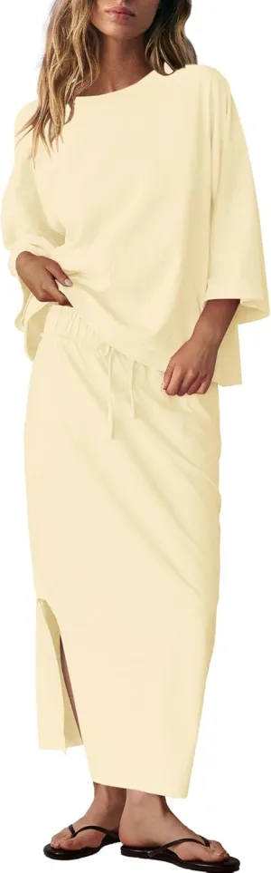 LAMISSCHE Skirt Sets Women 2 Piece Outfits Casual Lounge Set Back Vented Tops and Maxi Dress with Pockets